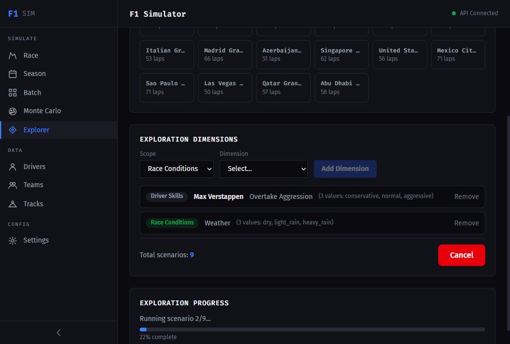 The explorer view: exploration dimensions for driver skill and weather, nine total scenarios, and a progress bar running scenario two of nine.